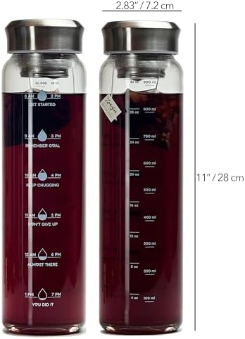 Motivational Glass Water Bottle 32 oz Borosilicate with Neoprene Sleeve and Stainless Steel Lid