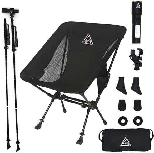 3-in-1 Camping Chair, Trekking Poles & Mounted Flashlight – All-in-One Backpacking Kit Small & Weighs Only 3 lbs – Lightweight Aluminum Hiking Poles - Chair & High Lumen LED Light