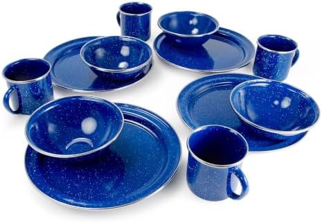 GSI Outdoors Pioneer Enamel 12 Pieces (4-Person) Dish Set I Enamelware Dishes Including Plates, Bowls and Mugs for Camping, Outdoors, RV, Camp, Blue
