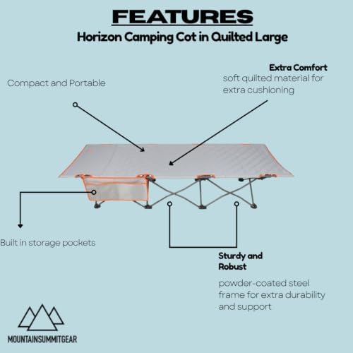 MOUNTAIN SUMMIT GEAR Horizon Camping Cot in Quilted Large or EZ Setup, 300 lb Capacity, Easy Fold Steel Frame with Carry Bag