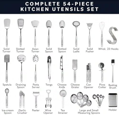 Home Hero 54-Piece Stainless Steel Kitchen Utensils Set - Heat-Resistant Nonstick Silicone & Stainless Steel Cooking Utensils - Complete Tools with Slotted Spoon & Pasta Spoon - Pack of 54, Silver