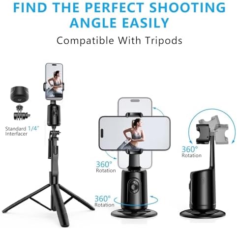 Auto Face Tracking Phone Holder, Auto Tracking Tripod 360° Rotating Cell Phone Mount, Face and Body Tracking Phone Stand, No App Required, Gesture Control and Remote, Rechargeable Battery.（Black）
