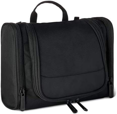 Amazon Essentials Spacious Toiletry Bag, Hanging Cosmetic Dopp Kit with Multiple Compartments, Durable Polyester, Large Capacity Storage, Compact Design, Black (Previously Amazon Basics)