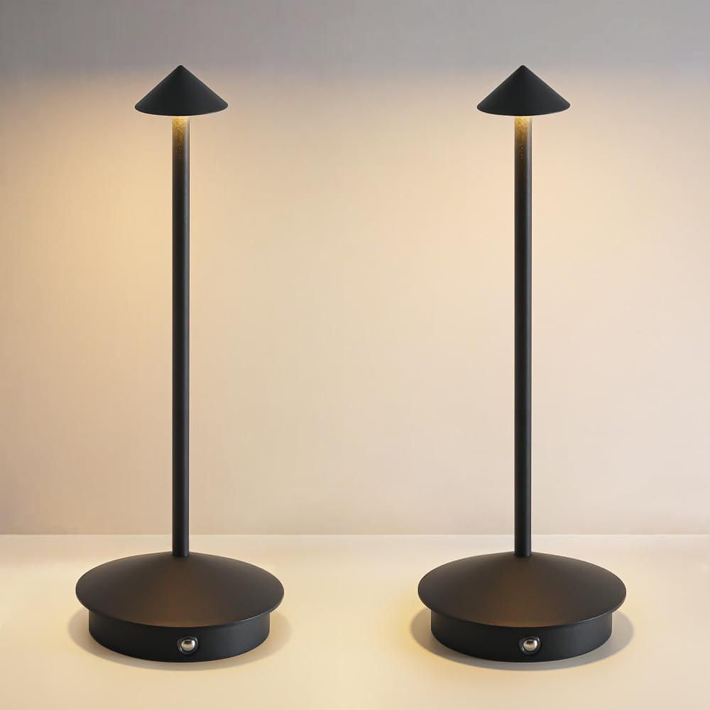 EJQ 2 Pack LED Rechargeable Cordless Table Lamps,Portable Outdoor 5000mAh Battery Operated Table Light Touch Control 3 Color Dimmable for Patio/Cofee/Restaurant/Camping/Dining/Bedroom-Black