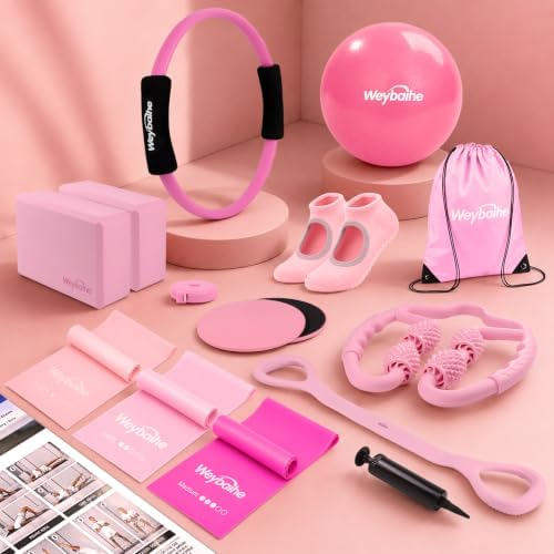 12 PCS Pilates Kit for Home Workouts,Pink Pilates Set with Yoga Block