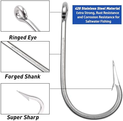 Fishing Hooks Saltwater Tuna Hooks, 15pcs Stainless Steel Big Game Hooks Forged Ringed Extra Strong Saltwater Fishing Tackle for Salmon Tuna Fishing