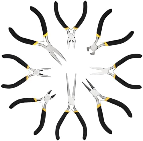 8-Piece 4.5-Inch Mini Pliers Kit - Long Nose, Diagonal, End Cutting, Bent Nose, Combination, Flat Nose, Needle Nose & Round Nose Tools for Jewelry Making