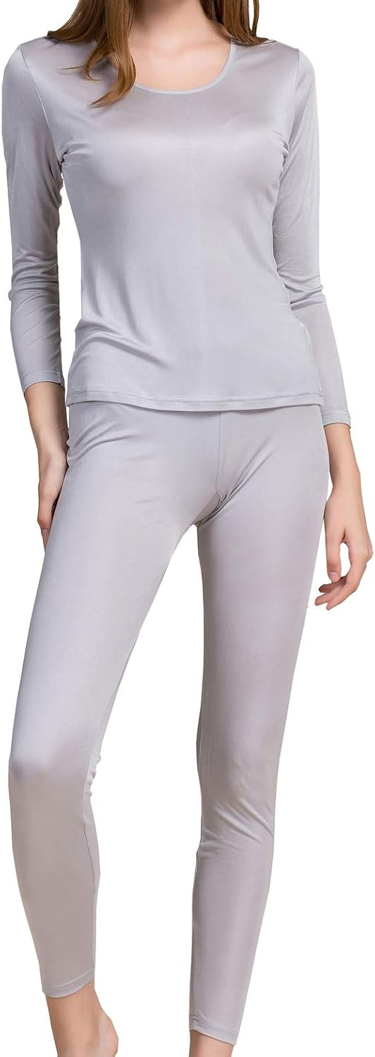 Grenasasilk Womens Silk Long Underwear Mulberry-silk Long Johns Thermal Underwear Sets Cold Weather Base Layer