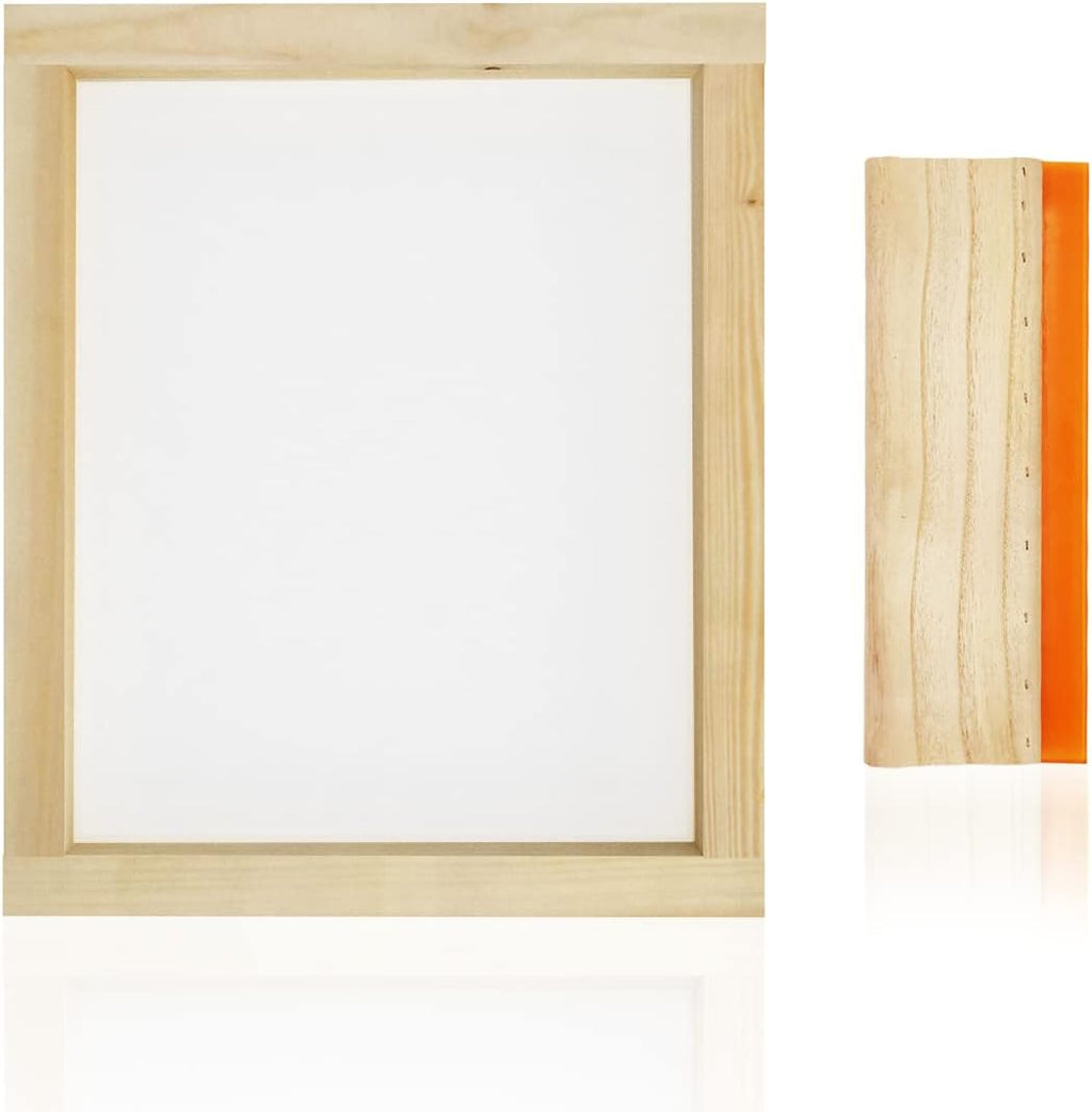 Worown 1 Piece 8 x 10 Inch Wood Silk Screen Printing Frame with 110 White Mesh and 1 Piece 4 x 6 Inch Screen Printing Squeegee