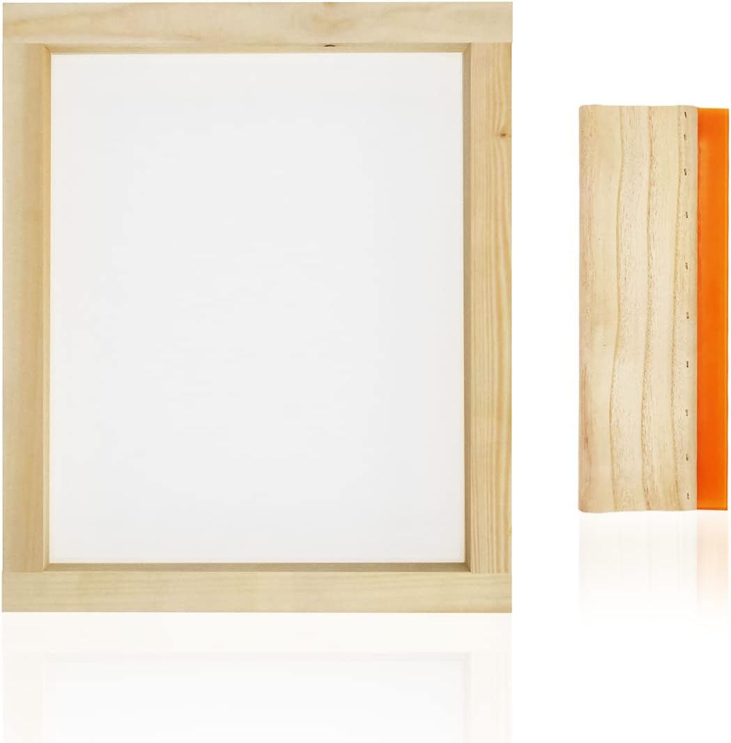 Worown 1 Piece 8 x 10 Inch Wood Silk Screen Printing Frame with 110 White Mesh and 1 Piece 4 x 6 Inch Screen Printing Squeegee