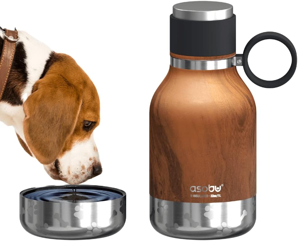 Asobu Buddy Bottle a Stainless Steel Insulated Water Bottle for with Removable Dog Water Bowl and Dog Food and Treat Storage Bowl (Burgundy, 37 Oz Water Bottle with Bowl)