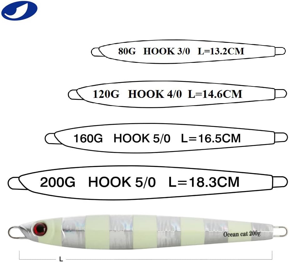 OCEAN CAT 1 PC Slow Fall Pitch Fishing Lures Sinking Lead Metal Flat Jigs Jigging Baits with Hook for Saltwater Fishing 4 Colors 160G/200G