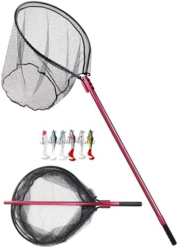 Large Rubber Fishing Net Heavy Duty Extra Large Aluminum Landing Net for Saltwater Fish Net Telescoping Handle with 6pcs Soft Jig Swimbait, Extends to 72-94in
