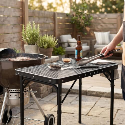 Foldable Grill Table Camping Table with Mesh Top Portable Aluminum Adjustable Height