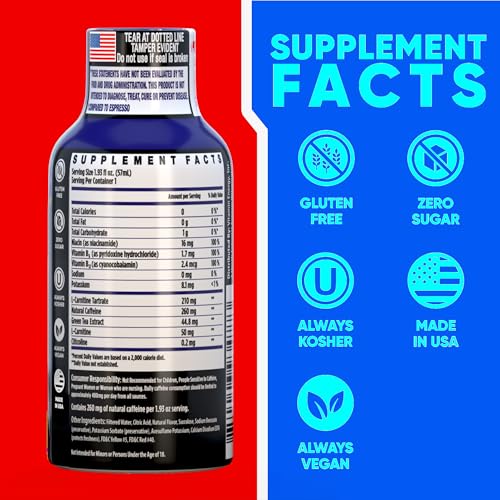 Vitamin Energy Blue Raspberry Twist Extra Strength Energy Shot, 48 Pack - Up to 7 Hrs, 260mg Natural Caffeine, Zero Sugar - Electrolytes + BCAAs, Hydration, B12 B6 Niacin, 1.93 fl oz, Keto Vegan