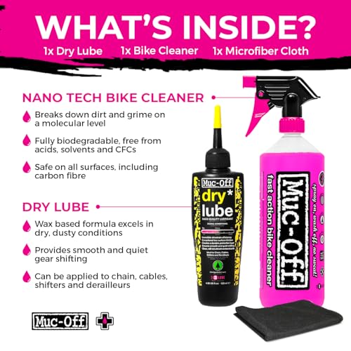 Muc-Off Nano Tech Bike Cleaner 1 Liter & Bio Dry Chain Lube 120ml Bundle with Microfiber Towel | Ultimate Bike Cleaning & Lubrication Kit | Safe on All Surfaces | Wax-Based Lube for Dry Conditions