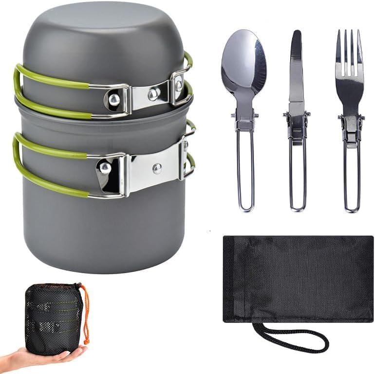 Camping Cookware Mess Kit Backpacking Pot Gear Camping Cooking Pots and Pans Set Camp Kitchen Equipment Accessories Green