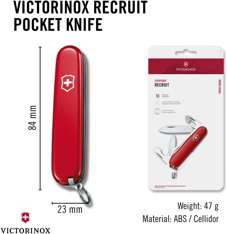 Victorinox Recruit Swiss Army Knife, 10-Function Pocket Knife, Red