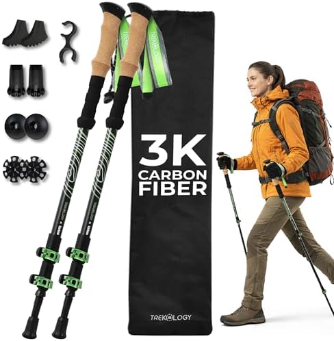 Trekology 3K Carbon Fiber Trekking Poles (210g) - Pair of Ultralight Hiking Poles with Cork Grips, Collapsible Telescopic Walking Sticks, Metal Flip-Locks & 10pc All-Terrain Accessory Kit
