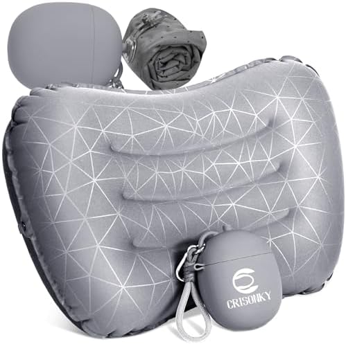 Crisonky Camping Pillow, Inflatable Pillow with 2-in-1 Air Pump Storage Bag
