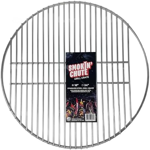 Stainless Steel Grate designed to work with the Smokin’ Chute System. Fits Large Big Green Egg and other 18” diameter grill grates.