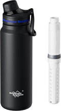 Membrane Solutions C3 Filtered Water Bottle, 32oz Stainless Steel Water Bottle with Replaceable UF+ACF Filter Cartridge, Portable Water Filter, Travel, Hiking & Camping for Drinking Water