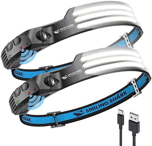 Smiling Shark LED Headlamp, 230°Wide Angle 3*White Light 2 Pack the Brightest Head Lamp Rechargeable Waterproof Headlight for Camping Hiking Outdoor, Head-Lamp-LED-Frontale-Light