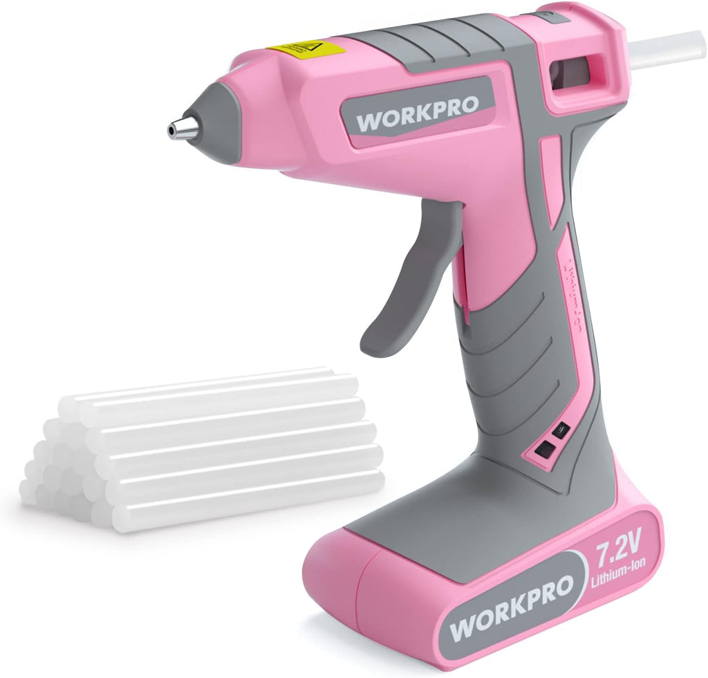 WORKPRO Pink Cordless Hot Melt Glue Gun with 20 Pcs Mini Glue Sticks