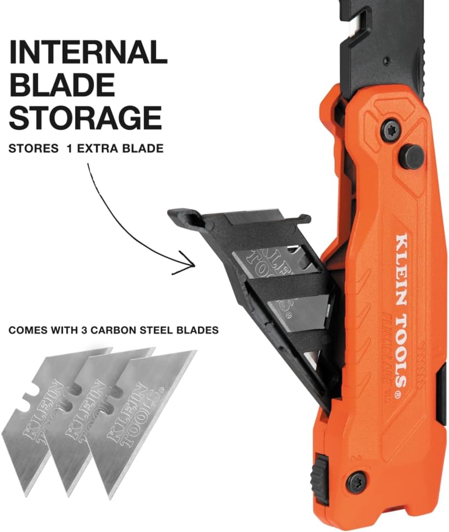 Klein Tools 44306 FLICKBLADE 2-in-1 Folding Utility Knife and Scraper with Built-In Blade Storage, Dual Locking Positions, Includes 3 Triple-Ground Carbon Steel Blades