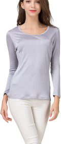 METWAY Women's Mulberry Silk T-Shirt Long Sleeve Pure Silk tee Shirt/Crew Neck Silk Blouse Undershirt