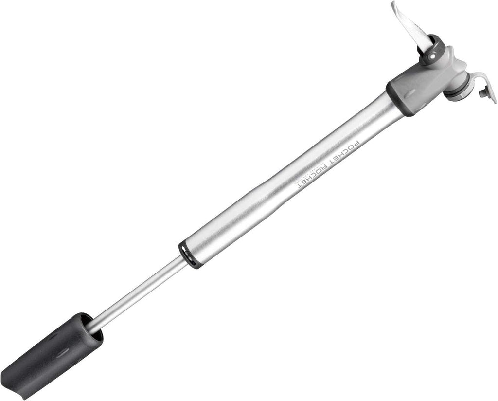 Topeak Pocket Rocket Bike Mini Hand Pump, Compact, High-Pressure for Road Bikes, 160 PSI/11 Bar, Aluminum Barrel, Dual-Density Handle, Integrated Dust Cap and Side Mount Bracket (Silver/Black)