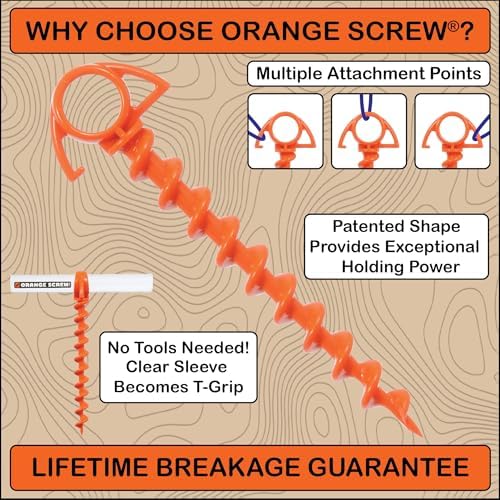 Orange Screw Ultimate Ground Anchors: Heavy Duty Screw-in Tent Stakes for High Wind, Sand, Canopies, and Camping - Made in USA, 100% Recycled, Included T-Grip Tool - (Small, 4 Pack)