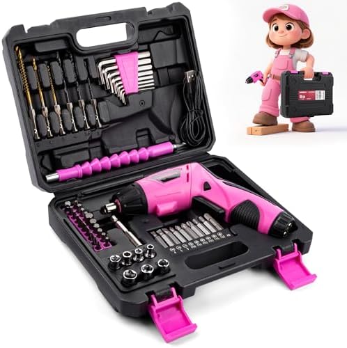 URASISTO 55-Piece Kids Real Tool Set, Electric Cordless Drill Tool Kit for Children with Interchangeable Bits, Flexible Shaft, Charger, All in Carrying Case, Power Drill Tools Set for Kid, Age 14+
