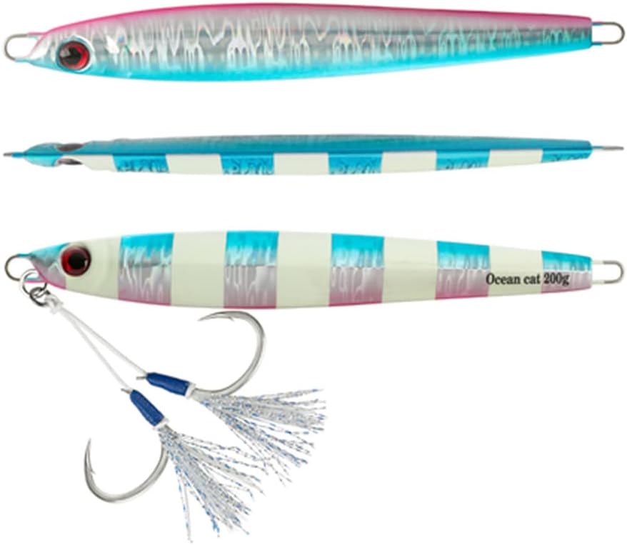 OCEAN CAT 1 PC Slow Fall Pitch Fishing Lures Sinking Lead Metal Flat Jigs Jigging Baits with Hook for Saltwater Fishing 4 Colors 160G/200G