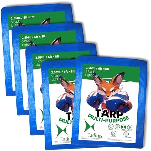 2.5 Mil Waterproof Tarp 6x8 Ft (5 Pack) | All-Weather Light Duty Upgraded 2.0 | Camping DIY Home Cover