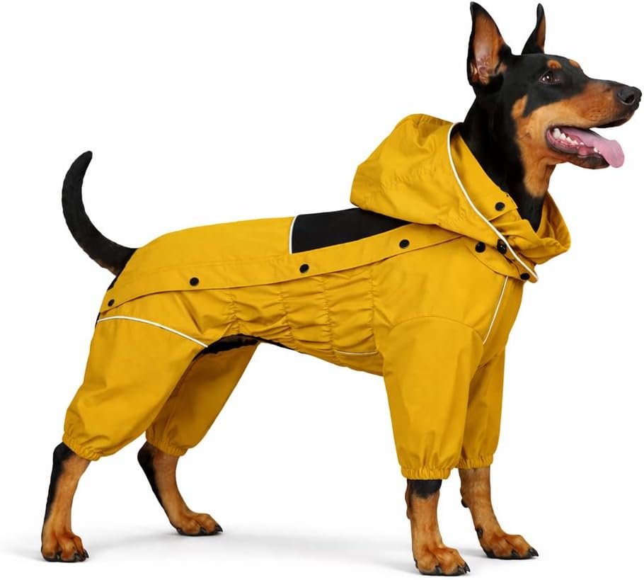 LOVELONGLONG Waterproof Dog Raincoat with Removable Hood – Outdoor Full Body Dog Jacket, Windproof Snowproof Shell Suit – All Season Pet Rain Gear Mustard Yellow 3XL