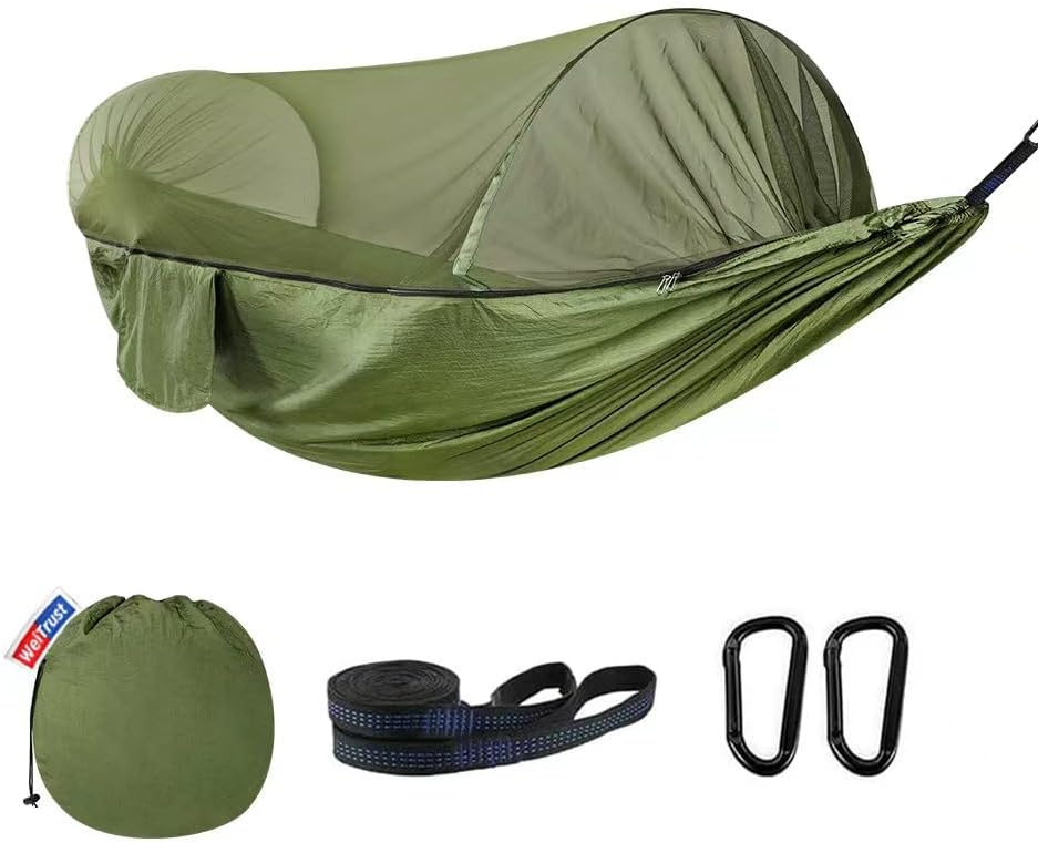 Camping Hammock with Mosquito Net - Double & Single Portable Hammocks with 2 Tree Straps, Lightweight Hammock Tent for Outdoor Camping, Hiking, Backpacking, Beach & Backyard (Dark Green)