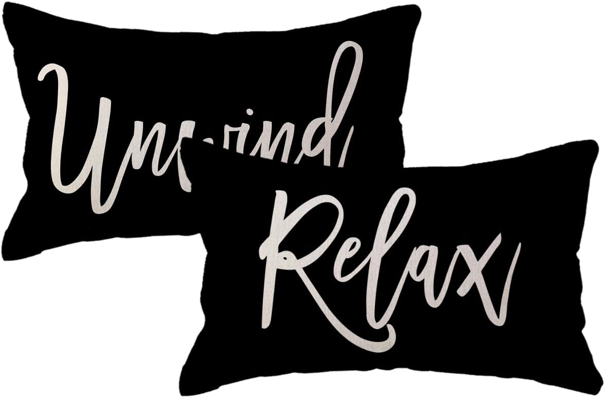 ULOVE LOVE YOURSELF Relax&Unwind Throw Pillow Covers 12x20 Farmhouse Spring Summer Decorative Lumbar Pillowcases Porch Patio Cushion Covers 2Pack for Bedroom Living Room Sofa Couch Home Decor (Black)
