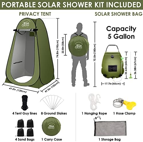 FUN ESSENTIALS Solar Shower Tent Kit, 2 Pcs, Instant Pop Up Privacy, Shower Tent, 5 Gallon Solar Shower Bag, Sun Canopy Beach Outdoor Camp Privacy, Easy Set Up, Foldable