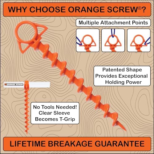 Orange Screw Ultimate Ground Anchors: Heavy Duty Screw-in Tent Stakes for High Wind, Sand, Canopies, and Camping - Made in USA, 100% Recycled, Included T-Grip Tool - (Large, 2 Pack)