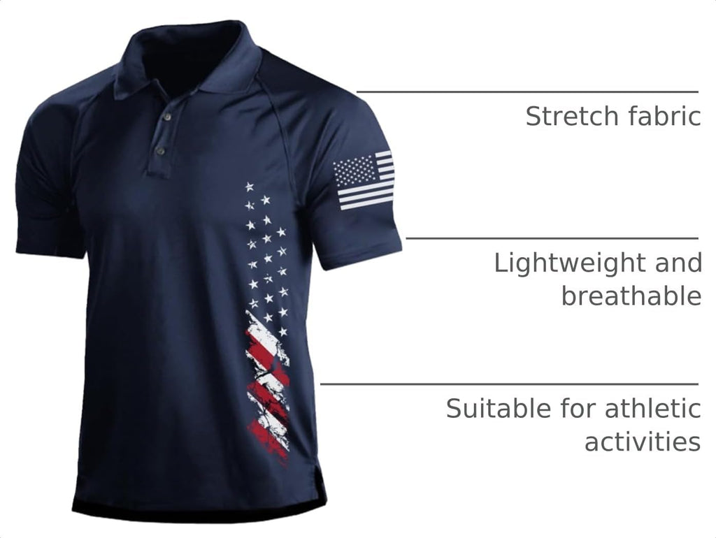 H HYFOL Short Sleeve Polo Shirts for Men Graphic Stretch Casual American Patriotic Raglan Golf Polos for Men