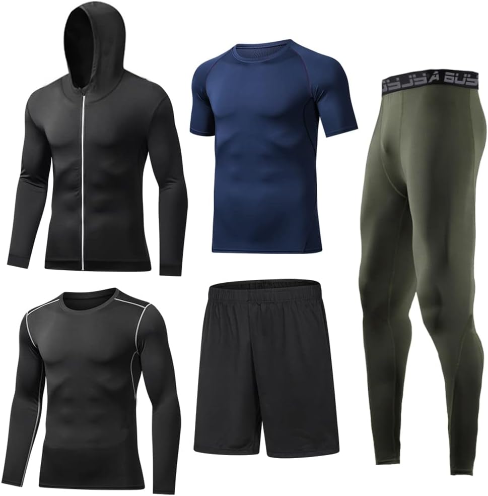 BUYJYA 5Pcs Men's Compression Pants Shirt Top Long Sleeve Jacket Athletic Sets Gym Clothing Mens Workout