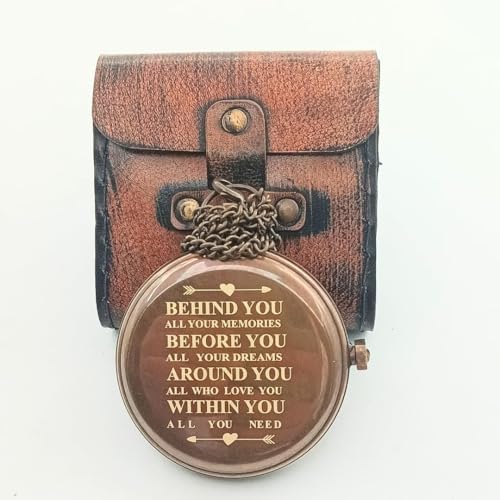 Behind You Engraved Brass Compass Gift for Men - Handcrafted Vintage Brass Sundial Compass – Antique Nautical Sun Clock with Leather Case - Best Graduation Gift - Best College Graduation Gift