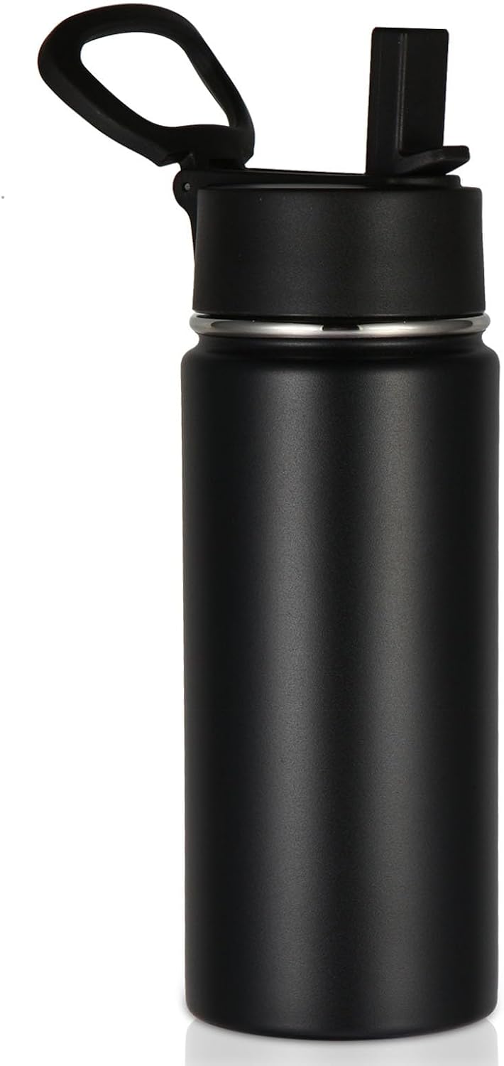 Volhoply Kids Insulated Water Bottle with Straw,16oz Stainless Steel Cold Water Bottles for School,BPA-Free Metal Wide Mouth Cups with Handle Lid,Reusable Double Wall Vacuum Sport Flask(Black,1)