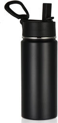 Volhoply Kids Insulated Water Bottle with Straw,16oz Stainless Steel Cold Water Bottles for School,BPA-Free Metal Wide Mouth Cups with Handle Lid,Reusable Double Wall Vacuum Sport Flask(Black,1)