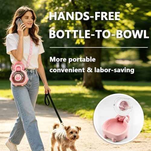 2-in-1 Crossbody Portable Dog Water Bottle with Foldable Bowl Base, 13.5oz, Adjustable Water Flow, Ideal for Small & Medium Dogs on Daily Walks and Pet Trips （Pink）