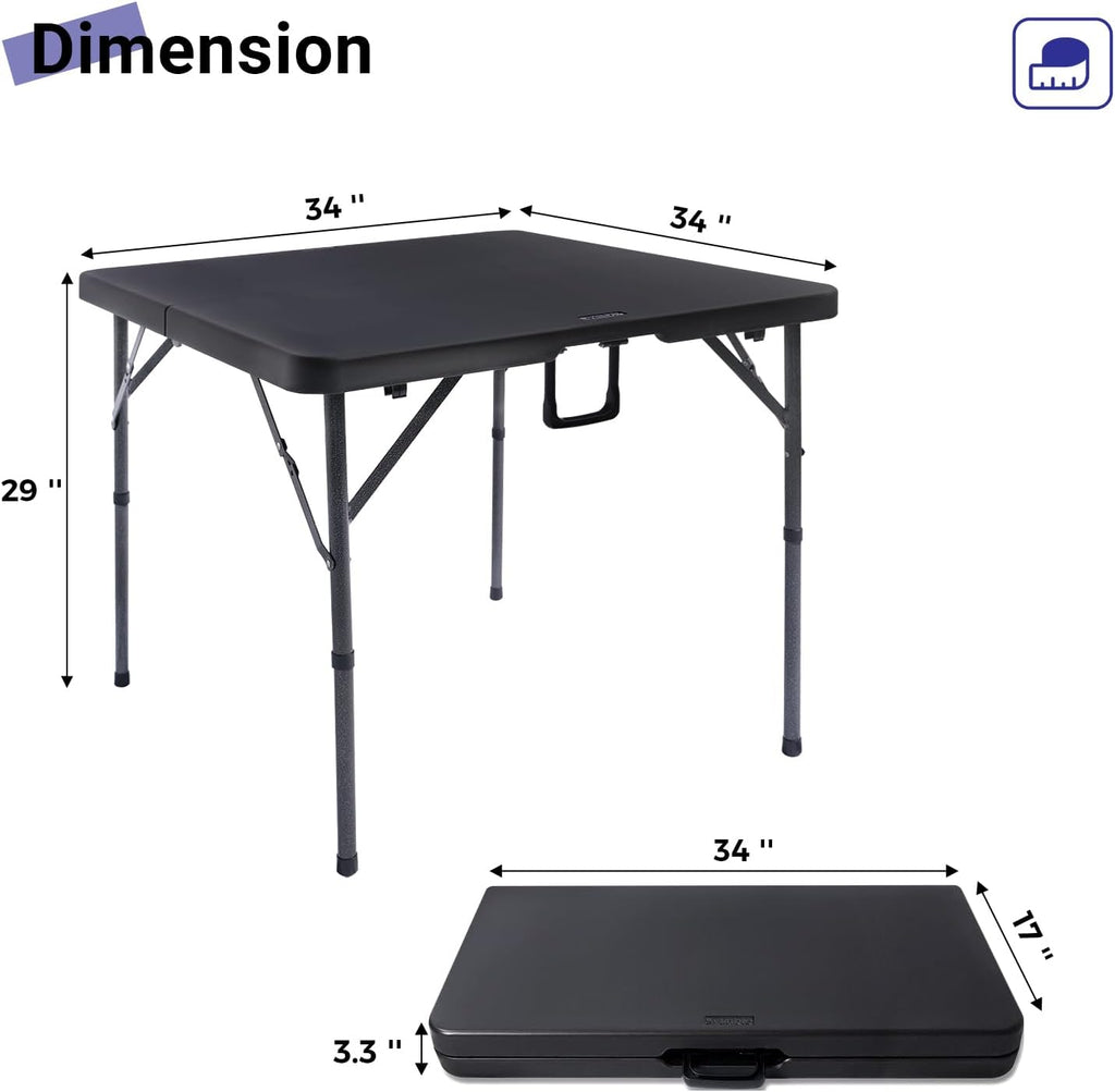 34" Square Folding Card Table,Fold-in-Half Utility Portable Table,Black