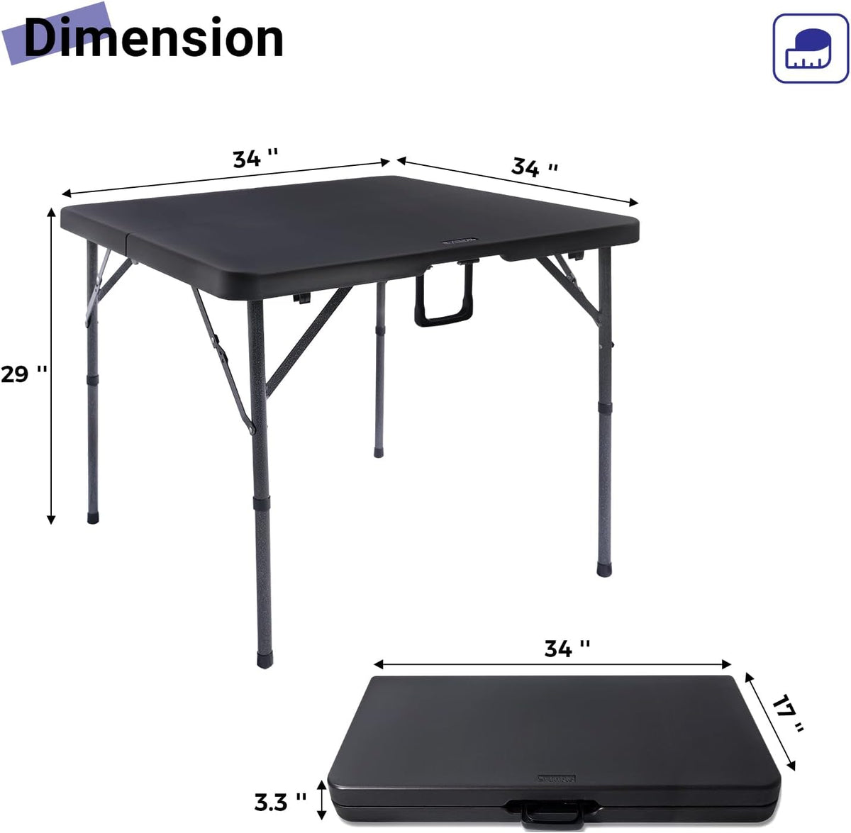 34" Square Folding Card Table,Fold-in-Half Utility Portable Table,Black