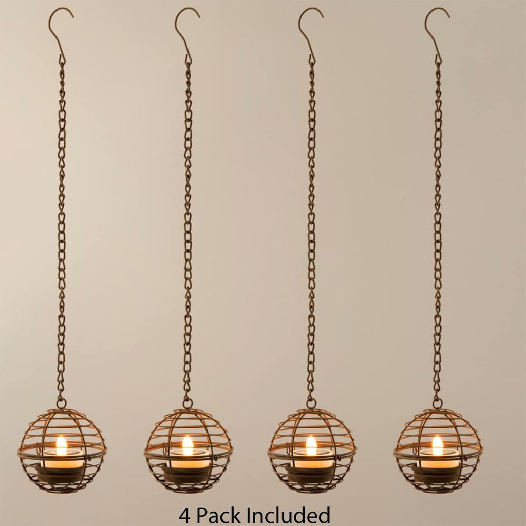 Solar Hanging Lanterns Outdoor Waterproof, Rust Iron Ball Candle Holder with Flickering Solar Powered Tea Lights, Perfect Chargeable Solar Lights for Backyard Patio Garden Fence Tree Decoration-4Pack