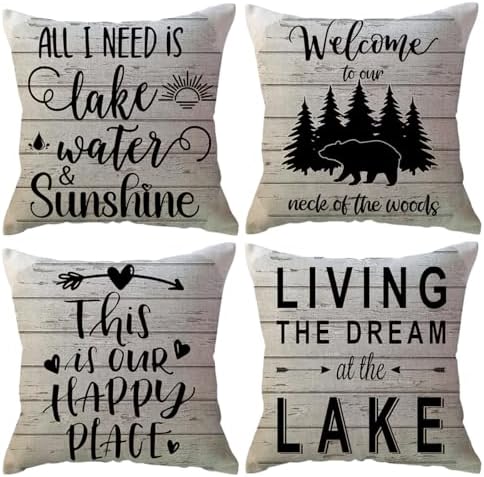 Lake Camper Throw Pillow Covers 18 x 18 Inch This is Our Happy Place Quote Cushion Covers Bear Woods Sunshine Camping/Cabin Farmhouse Rustic Decorative Pillowcases 4Pack for Sofa Couch Porch